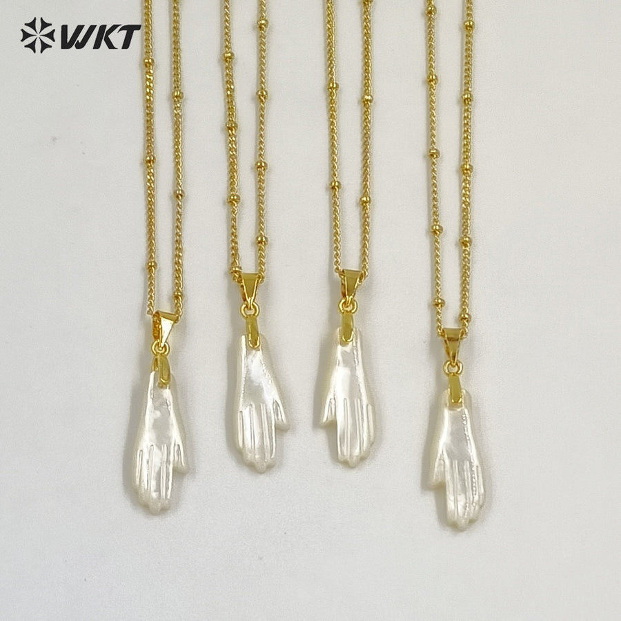 WT-JN395 Delicate Gold Thin Chain With Mother Of Pearl Hand Shape Little Pendant Necklace For Female Elegant Daliy Jewelry