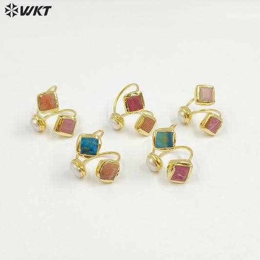 WT-R573 Wonderful Vintage Style 18K Gold Plated Double Natural Stones And Pearl Adjustable Women Rings As Party Present