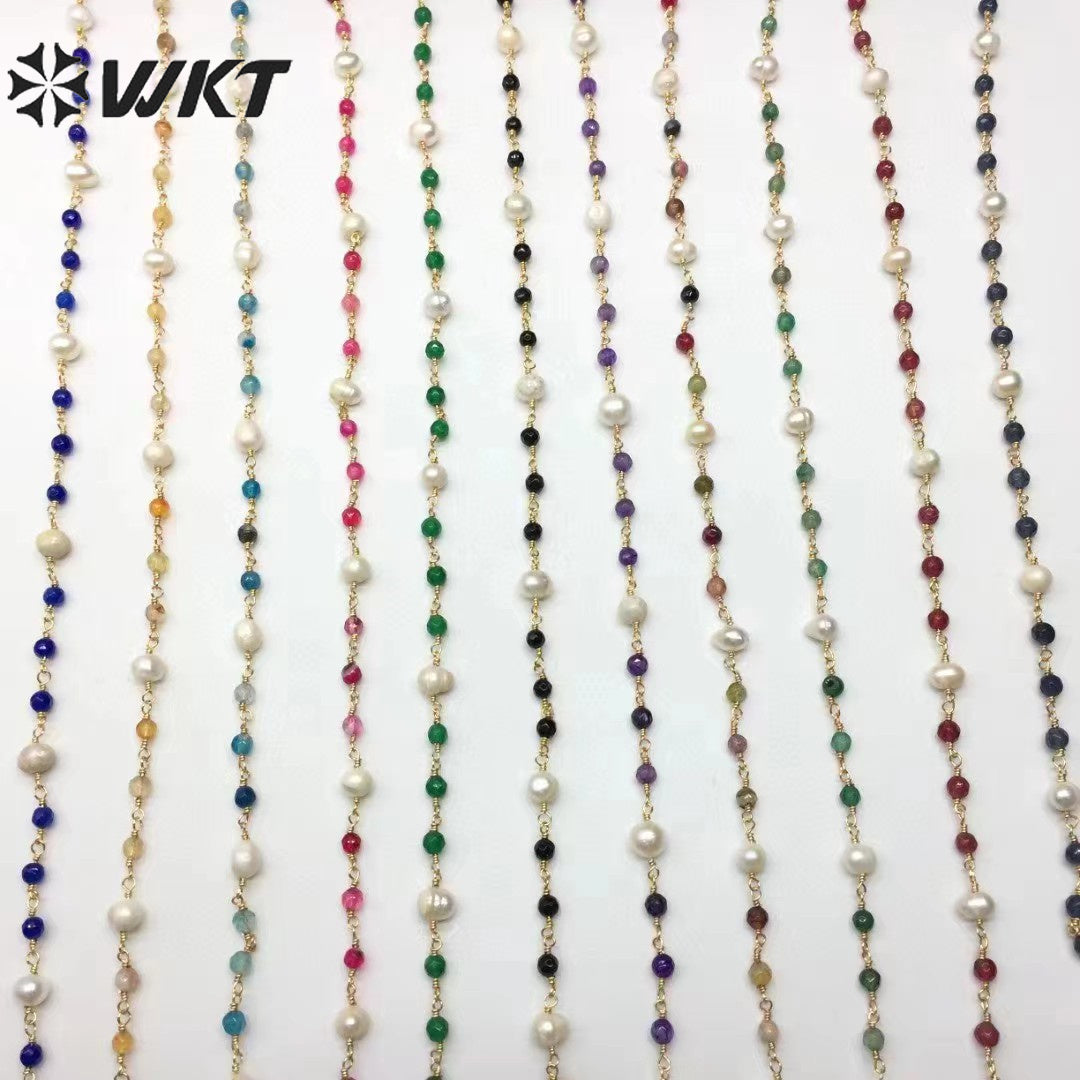 WT-RBC225 Wholesale New Arrival Exquisite Brass Chain Gold Plated Stone & Pearl Shell Shape Sell by Meter Handmade Metal Chain