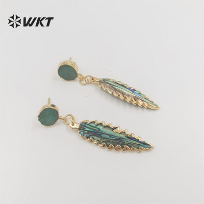 WT-MPE076 Wholesale Fashion Gold Plated Abalone Feather Leaf Earrings Unique Charming Elegant Welding Shell Earring for Party