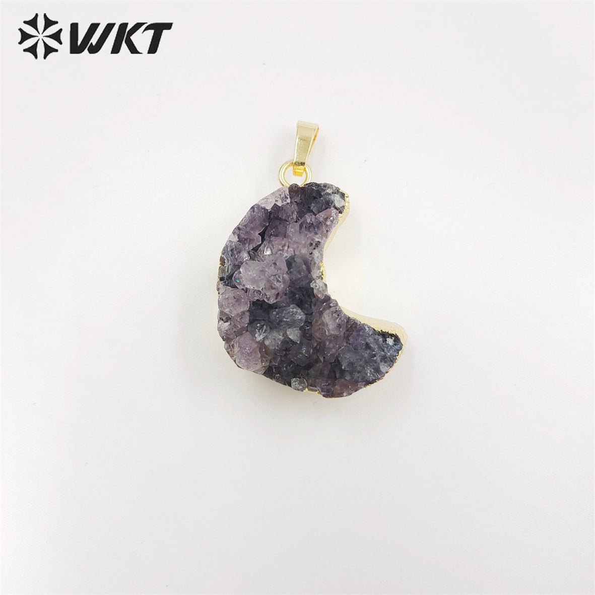 WT-P1858 Amazing Gorgeous Energy Natural Druzy Amethyst Moon Necklace with 18k Real Gold Plated Genuine Stone Amethyst