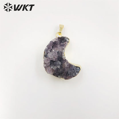 WT-P1858 Amazing Gorgeous Energy Natural Druzy Amethyst Moon Necklace with 18k Real Gold Plated Genuine Stone Amethyst