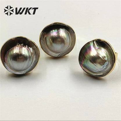 WT-MPR043 WKT 2022 High Quality New Style MABE Black Pearl Size 23 MM Ring Adjustable Finger Ring Gold-plate Luck Ring Jewelry