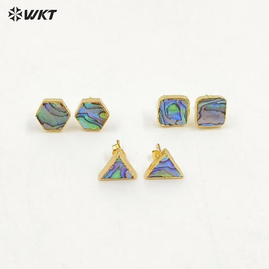 WT-E170 Wholesale Natural Abalone Shell Studs in 18k Real Gold Plated Resist Tarnished Lady Triangle Studs