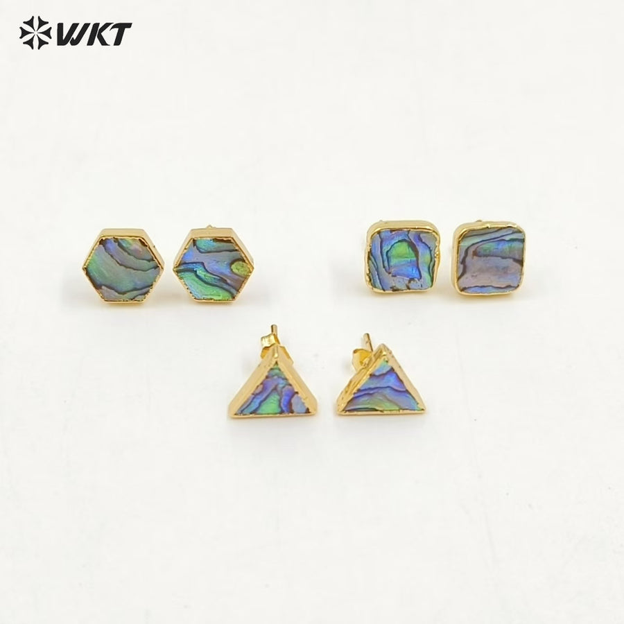 WT-E170 Wholesale Natural Abalone Shell Studs in 18k Real Gold Plated Resist Tarnished Lady Triangle Studs