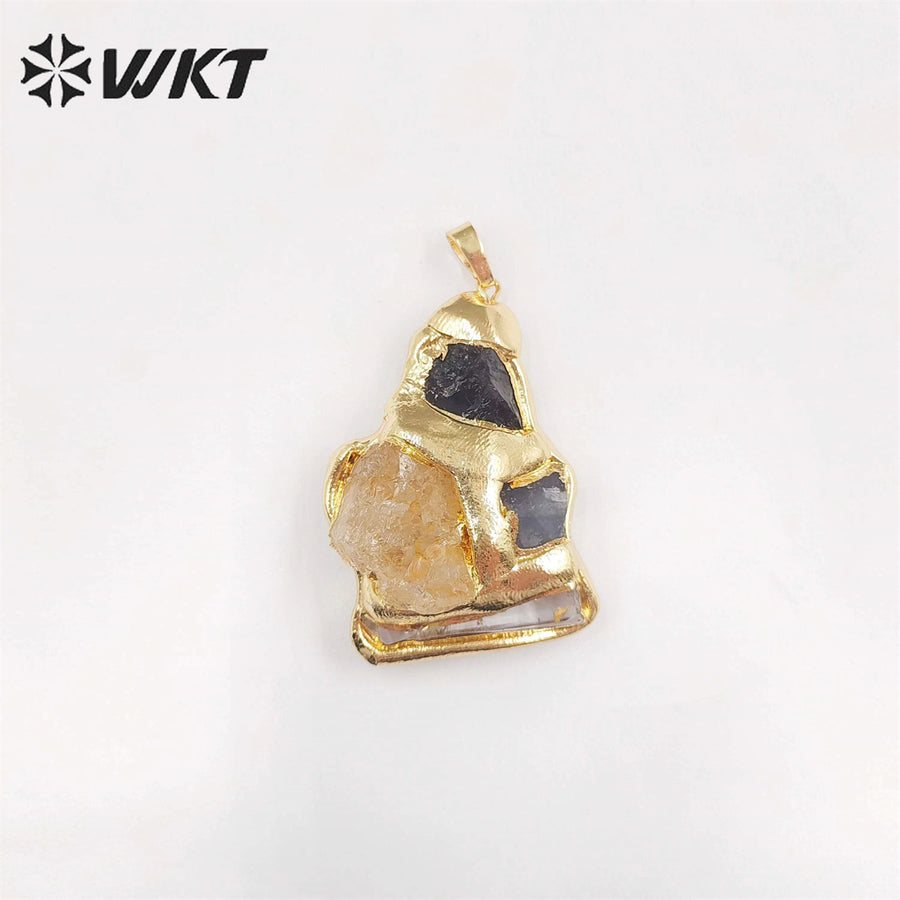 WT-P1906 WKT Exclusive Vintage Style Big Gemstone Pendants Handmade Gold Plated Yellow Citrine Stone Jewelry Pendants
