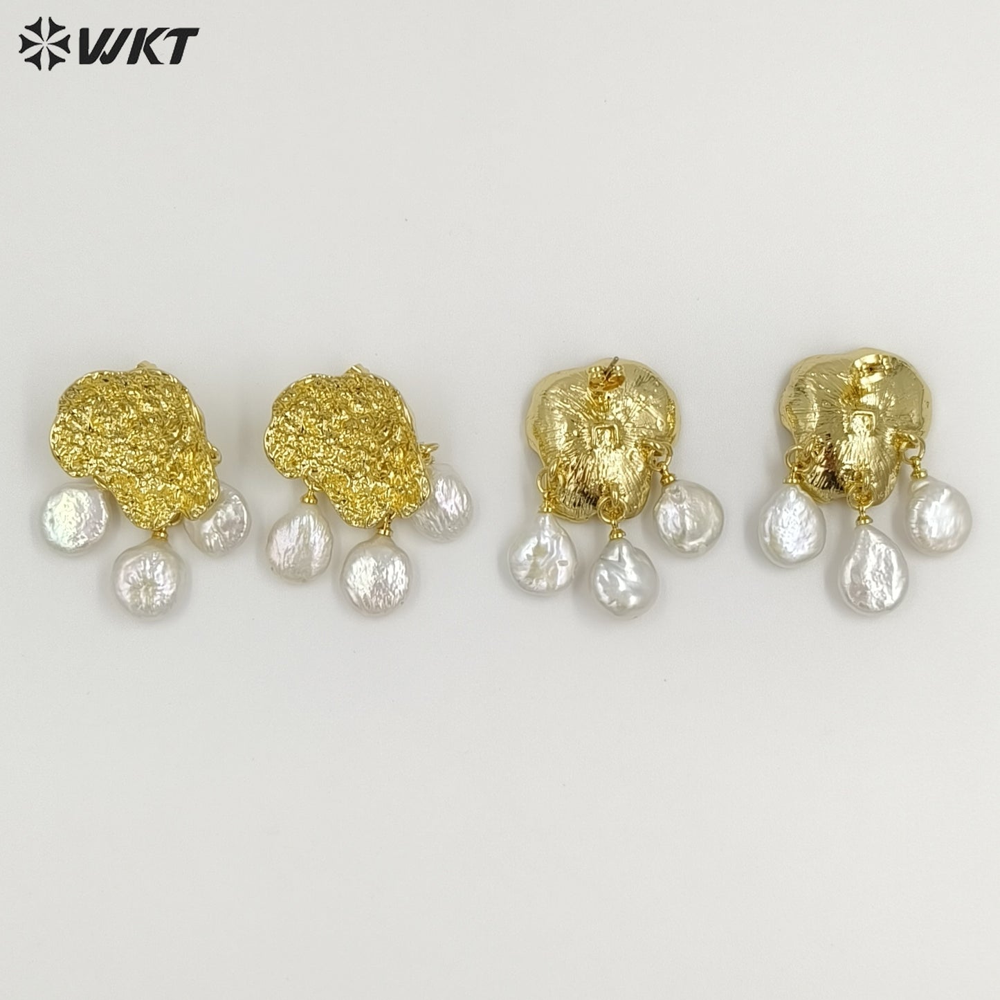 WT-MPE173 Delicate Gold Plated Metal And Natural Three Freshwater Pearls Flower Shape Drop Earrings For Lady Wedding Gift