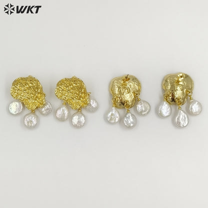 WT-MPE173 Delicate Gold Plated Metal And Natural Three Freshwater Pearls Flower Shape Drop Earrings For Lady Wedding Gift