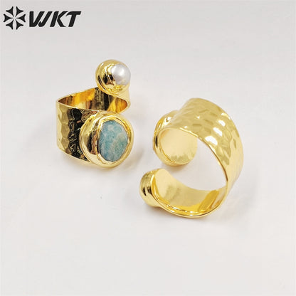 WT-R438 Amazing Hot Double Stone Ring for Women 18k Real Gold Plated Resist Tarnishable Amazonist Pearl Ring for Birthday