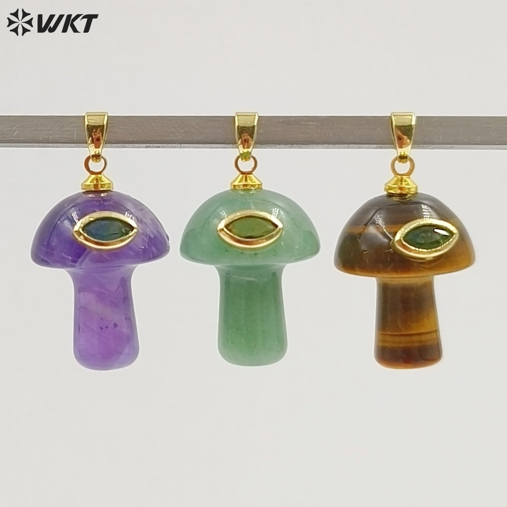 WT-P2063 Cute Boutique Natural Gemstones And Zircon Mushroom Shape Little Gold Pendants As Women Trendy Jewelry Findings
