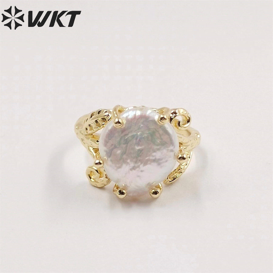WT-MPR049 Unique Fashion Gold Plated Prong Setting Women Pearl Ring Delicate Round Coin Pearl Anneversary Gift Ring for Wife