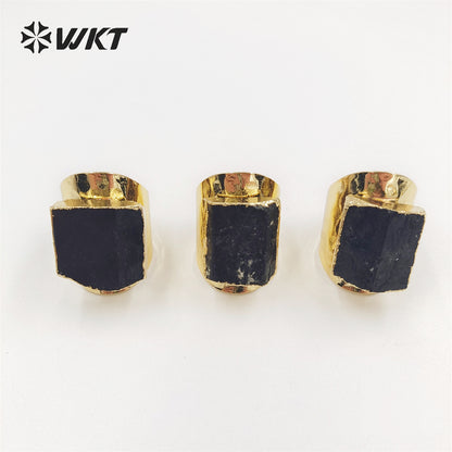 WT-R422 Women Beautiful Energy Black Tourmaline Stone Ring 18k Real Gold Plated Natural Stone Wide Birthday Gift Ring