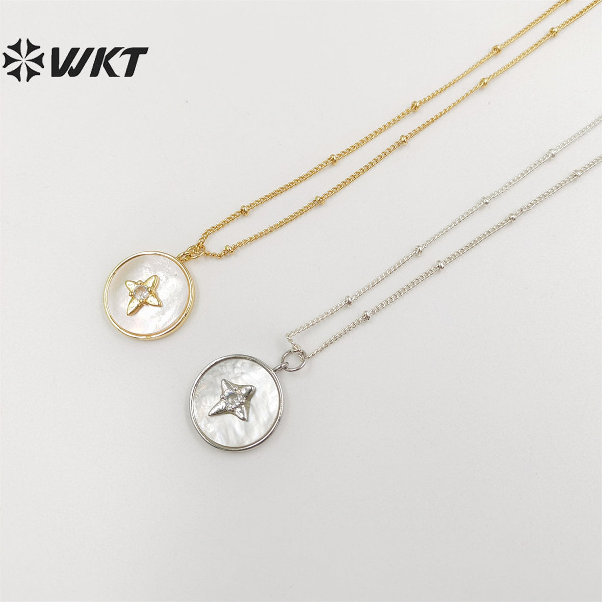 WT-JN213 WKT New Delicate Round Shell Necklace Micropaved Cubic Zircon White Pearl Shell Pendant Necklace With 18inch Chain
