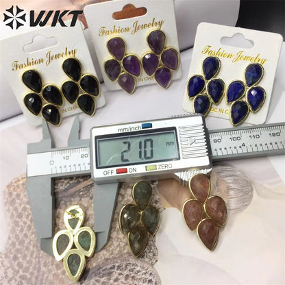 WT-E704 Newest Fashion Gold Electroplated Multi Gemstone Studs Earrings Gorgeous Women Water Drop Lapis Quartz Wedding Earrings