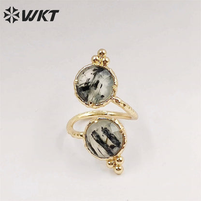 WT-R465 Newest Fashion Double Stone Cocktail Party Ring 18k Real Gold Plated Round Stone Anneversary Women Ring Hot INS Stone