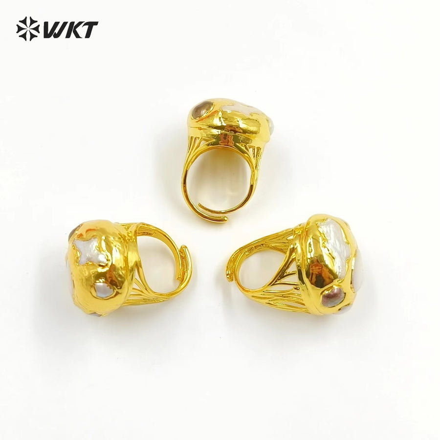 WT-MPR073 Wholesale Fashion 18K Real Gold Plated Resist Tarnishable Natural Freshwater Pearl Ring for Friend Gift