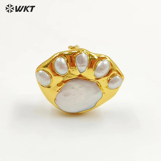 WT-MPR072 Unique Energy Gorgeous Freshwater Pearl Fan Shape Eye Lucky Women 18K Real Gold Plated Anneversary Ring