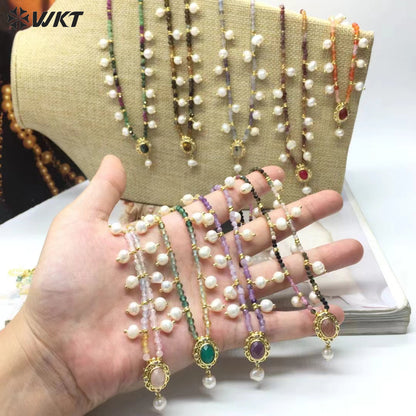 WT-N1473 WKT Elegant Handmade Natural Faceted Tiny Gemstone Beads Craft Delicate 16 Inch Long Stone Necklace