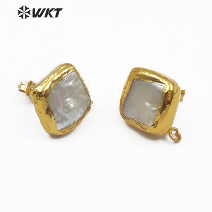 WT-JF302 Jewelry Findings for Women DIY Freshwater Pearl in Square Shape Gold Framed 10MM Natural Pearl Stud Earring