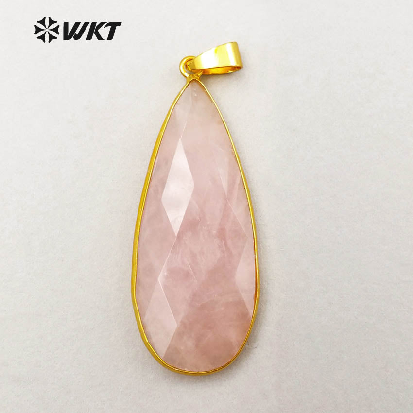 WT-P1348 Amazing Gold Bezel Faceted Natural Rose Quartz Teardrop Pendant, Women Hand Cabochon Faceted pink Teardrop Pendants