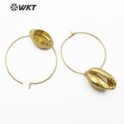WT-E484 Charm Women Boho Shell Jewelry Classic Style Sea Shell With Full Gold Electroplated Big Loop Cowrie Shell Earring