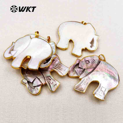 WT-P1345 Adorable Newest Shell Carved Elephant Pendant Unisex Handcarved Gold Trim Shell Elephant Pendant Natual Shell Pendant