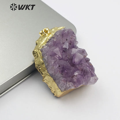 WT-P1438 Raw Quartz With Gold Bezel Amethyst Pendant Jewelry for Women Necklace Making Natural Uraguay Purple Crystal Pendant