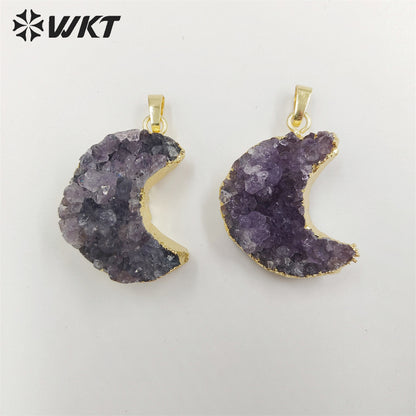 WT-P1858 Amazing Gorgeous Energy Natural Druzy Amethyst Moon Necklace with 18k Real Gold Plated Genuine Stone Amethyst