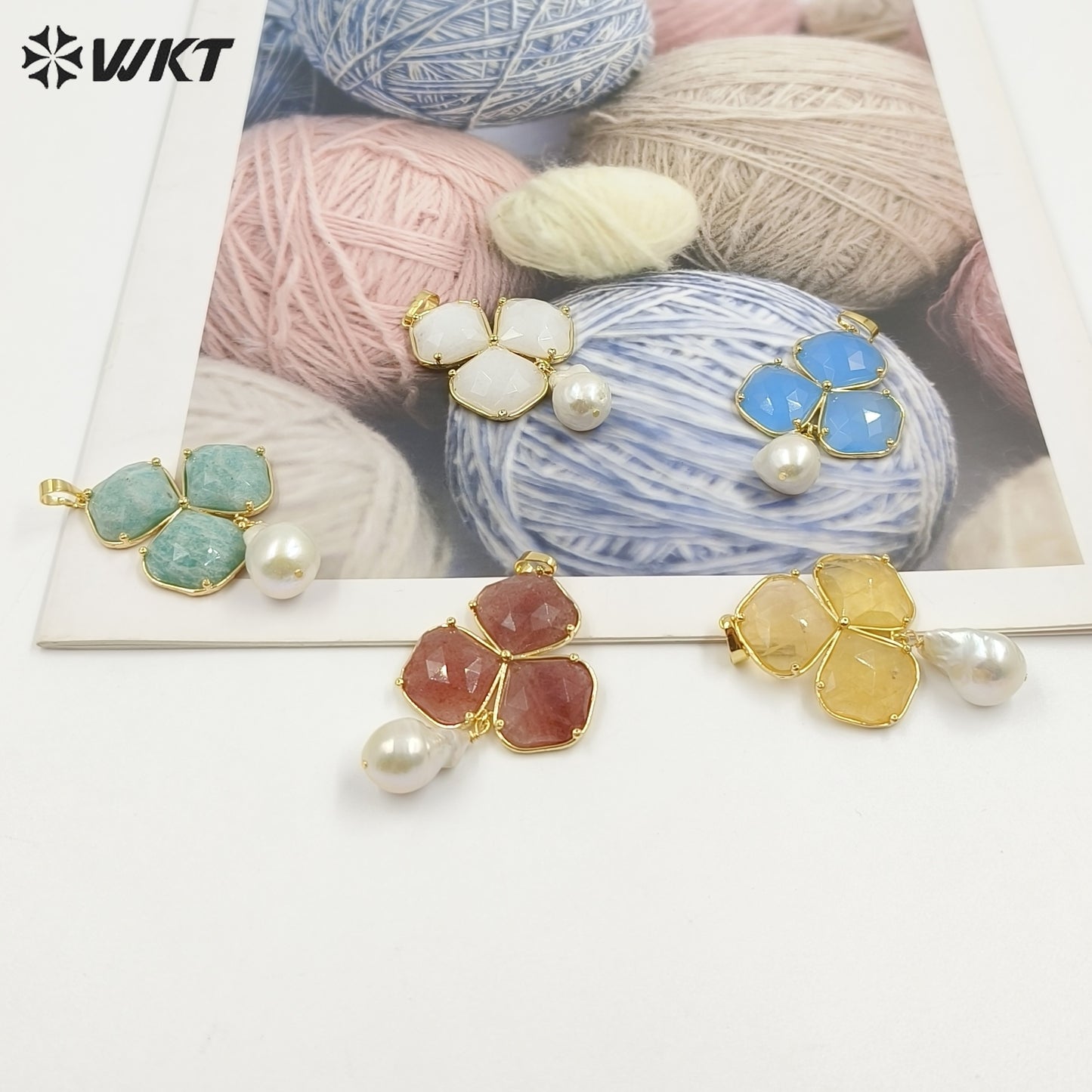 WT-JP506 Newest Wonderful 18K Gold Plated Three Natural Gemstones And Pearl Pendant For Female Earrings Jewelry Making