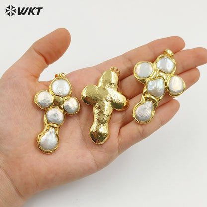 WT-JP421 Wholesale Back Full Gold Electroplated Round Natural Freshwater Pearls Cross Shape Pendant For Women Luxury Jewelry DIY