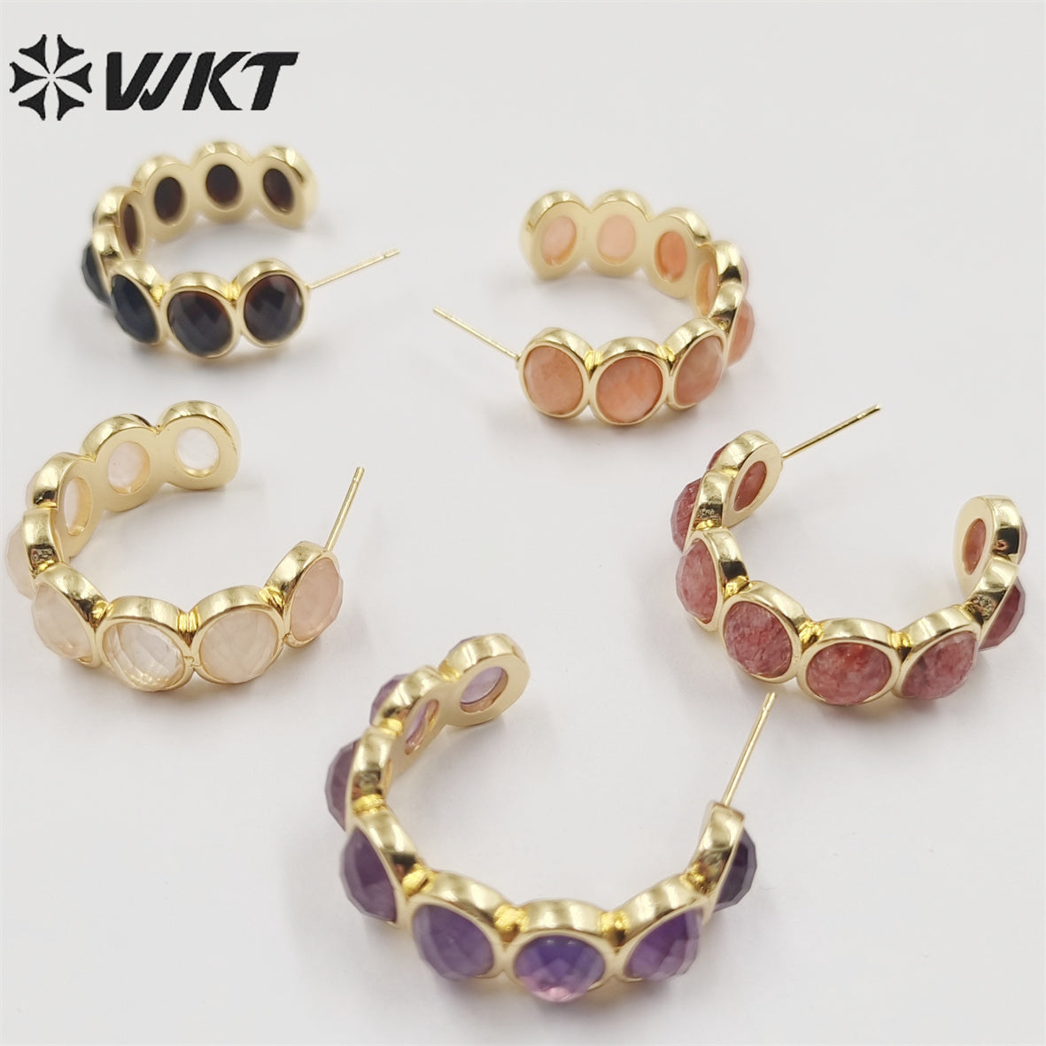 WT-E707 Amazing Fashion Women Natural Gemstone Setting Letter C Crescent Horn Earrings Lady Anniversary Earrings