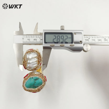 MPB107 Gorgeous Hand Make Rhinestone Paved Natural Gold Plated Cuff Green Turquoise and Pearl Bangle in Retro Style