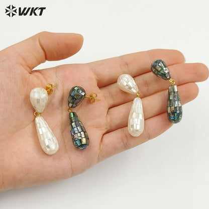 WT-MPE191 Gorgeous Trendy Natural White And Abalone Shell Waterdrop Shape Gold Earrings For Women Vintage Style Jewelry
