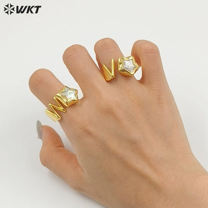 WT-MPR158 Newest Unique Design Gold Electroplated Natural Freshwater Pearl Letter And Star Shape Rings For Women Daily Matching