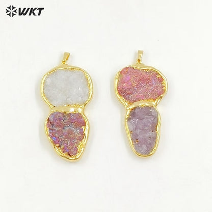 WT-P2003 Unique Popular 18K Real Gold Plated Natural Druzy Quartz With Aura Big Pendants in Romantic Style