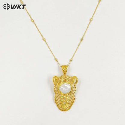 WT-JN329 New Sales Exquisite Gold Electroplated Leaves Shape With Round Natural Freshwater Pearl Pendant Necklace Women Jewelry