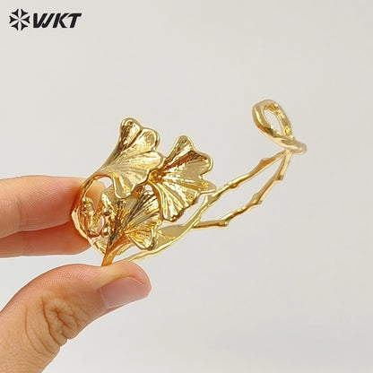 WT-JF383 Wonderful Design 18K Gold Plated Yellow Brass Leaf Shape Metal Cuff Bangle For Women Elegant Summer Decorative Jewelry
