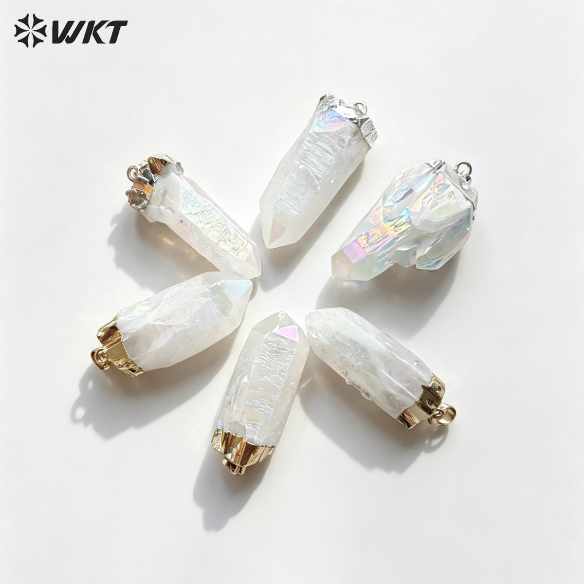 WT-P1070 Newest Fashion Raw Angel Crystal Quartz Point Pendant with AB Color Gold Plated Angel Quartz Pendant
