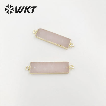 WT-C310 Amazing Fashion Double Loops Gold Plated Long Straight bar Connectors Lady Natural Rose Quartz Stone Jewelry Connector