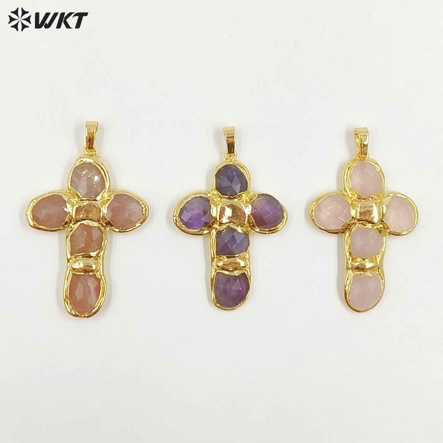 WT-P2027 Amazing Back Full Gold Plated Amazonite Multi Colors Natural Gemstones Cross Shape Pendants For Popular Necklace DIY