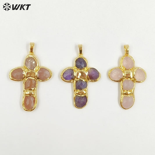 WT-P2027 Amazing Back Full Gold Plated Amazonite Multi Colors Natural Gemstones Cross Shape Pendants For Popular Necklace DIY