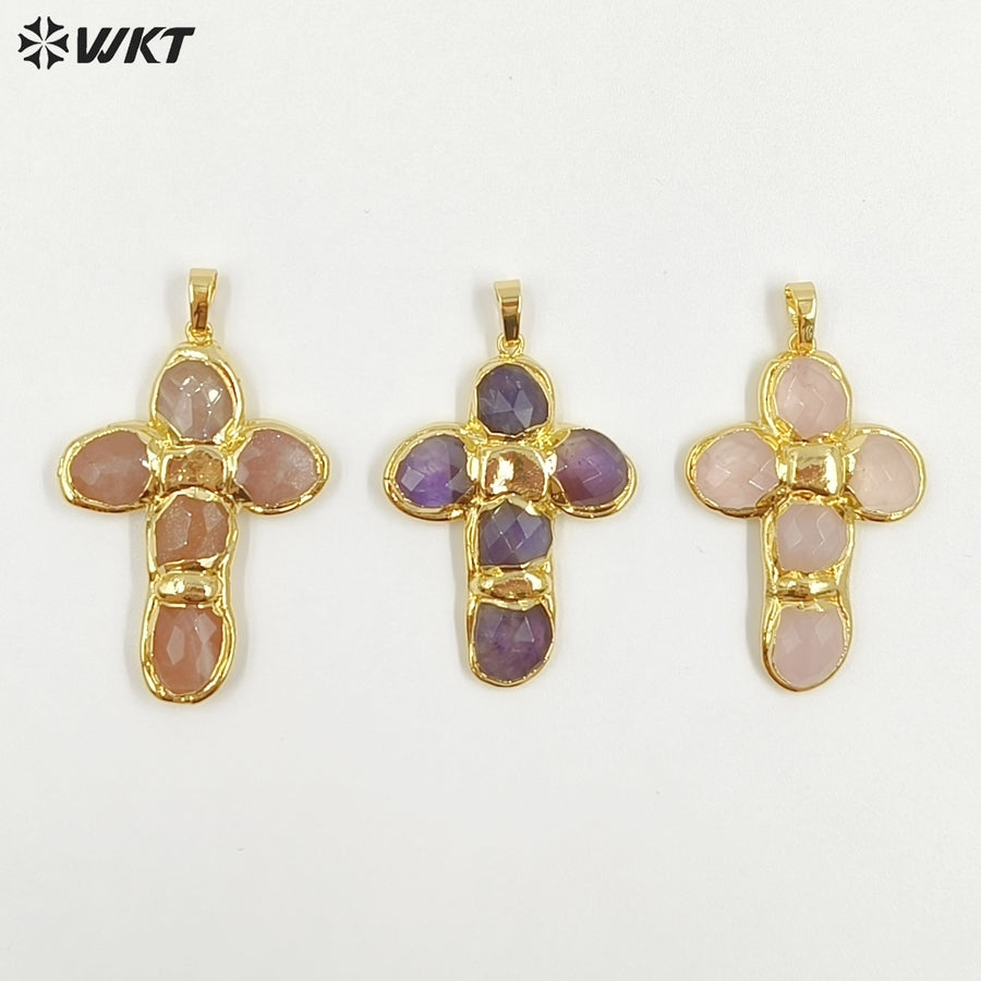 WT-P2027 Amazing Back Full Gold Plated Amazonite Multi Colors Natural Gemstones Cross Shape Pendants For Popular Necklace DIY