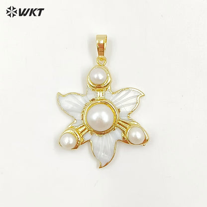 WT-JP394 New Arrivals Elegant and Gentle 18K Gold Plated Natural Flower Shell Round Pearl Pendant for Women Jewelry Accessories