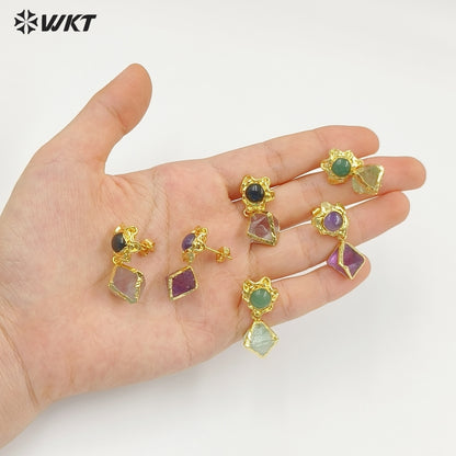 WT-E793 Exquisite Unique 18K Gold Electroplated Natural Gemstones Rhombus Little Earrings As Women Party Birthday Present