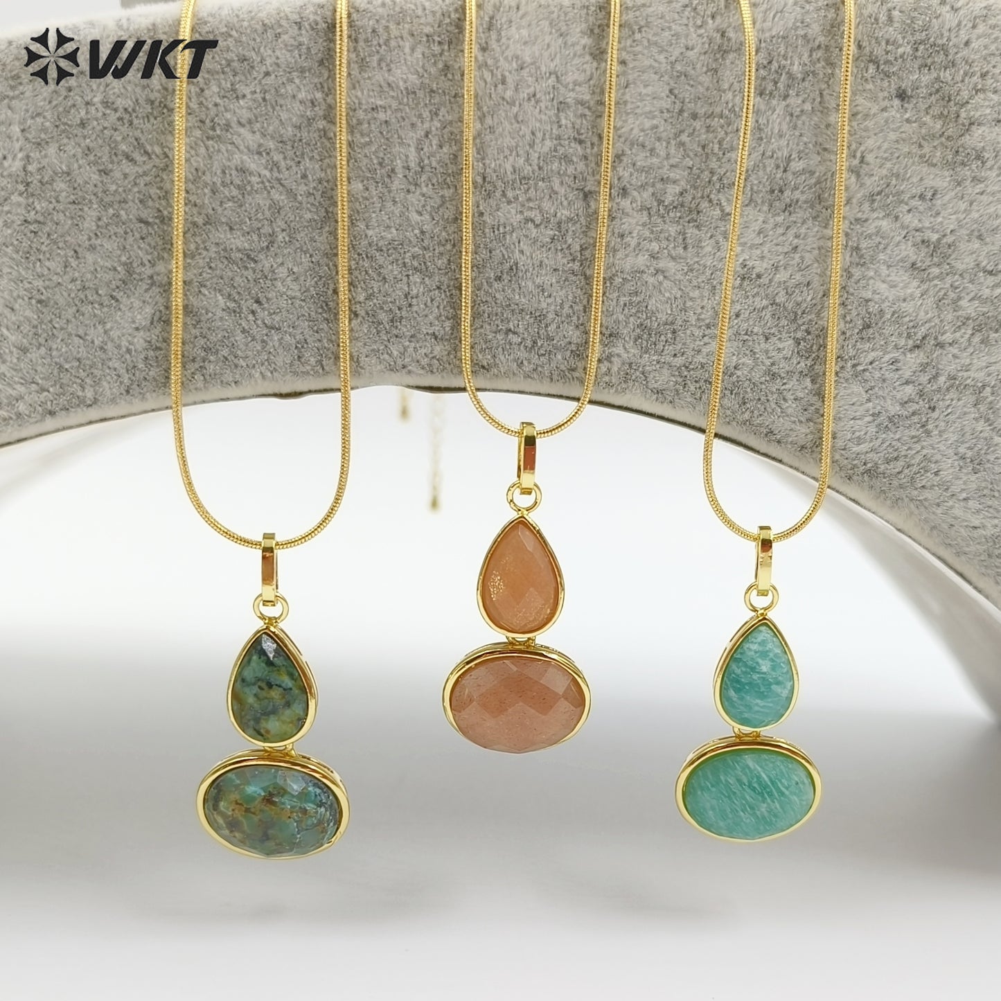 WT-N1537 Trendy Minimalism Gold Plated Thin Chain With Natural Gemstone Gourd Shape Pendant Necklace For Women Daily Wearing