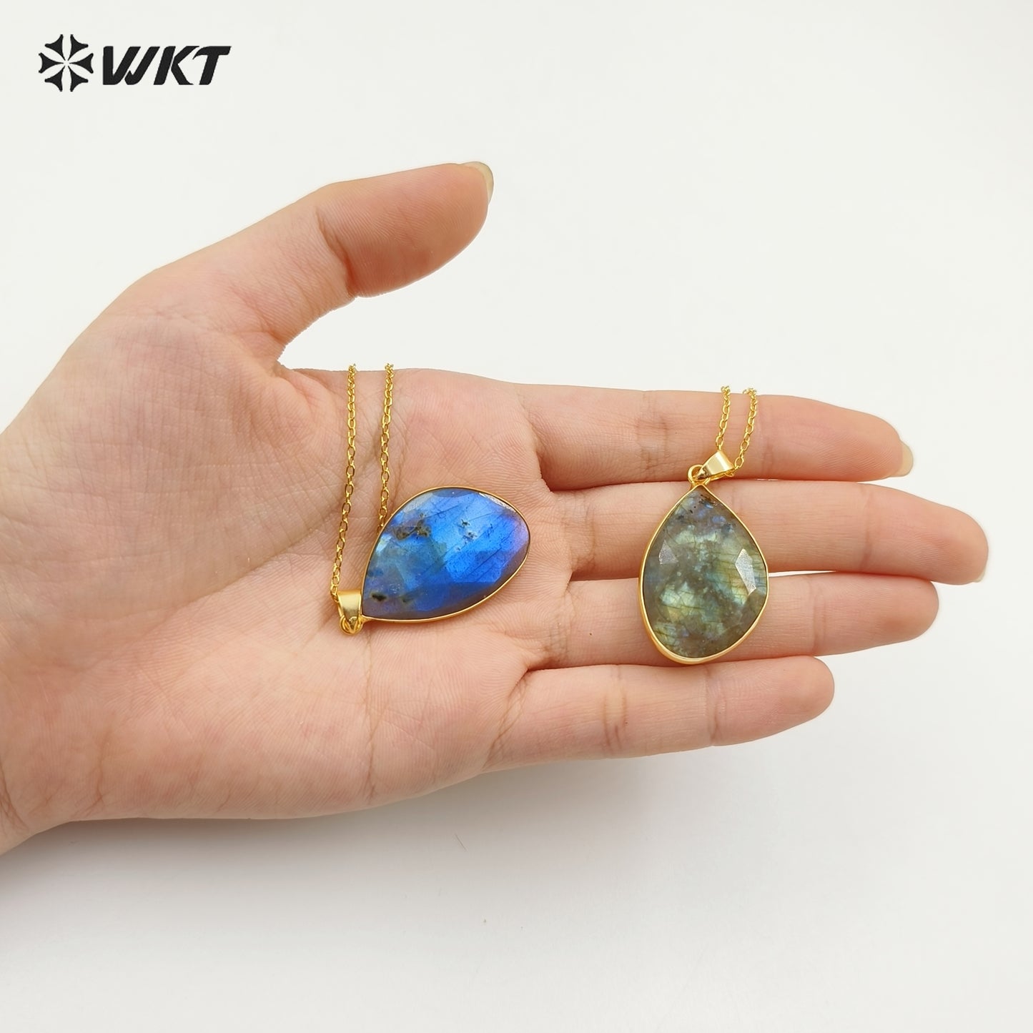 WT-N1453 Amazing Flashy Double Faceted Carving Natural Labradorite Stone Necklace With 18 Inch Chain Pendant Necklace