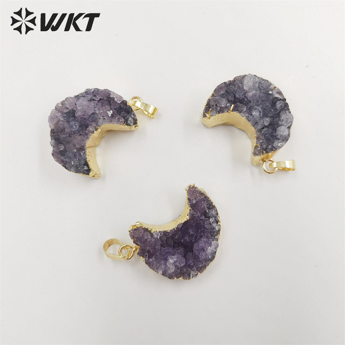 WT-P1858 Amazing Gorgeous Energy Natural Druzy Amethyst Moon Necklace with 18k Real Gold Plated Genuine Stone Amethyst