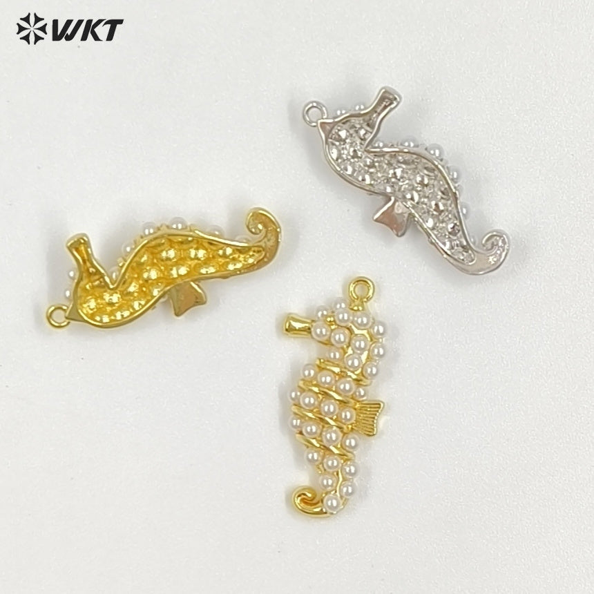 WT-MP316 High Quality Gold And Silver Plated Brass With Artificial Pearl Seahorse Shape Pendant For Women Luxury Jewelry DIY