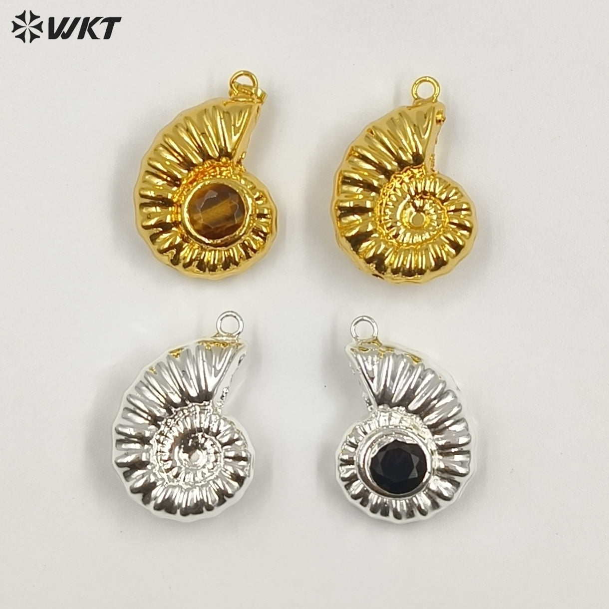 WT-P2056 High Quality Lovely Gold Silver Plated Metal With Natural Gemstones Shell Shape Pendants For Handmade Necklace DIY