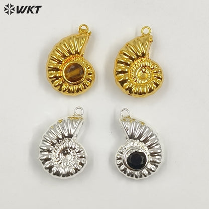 WT-P2056 High Quality Lovely Gold Silver Plated Metal With Natural Gemstones Shell Shape Pendants For Handmade Necklace DIY